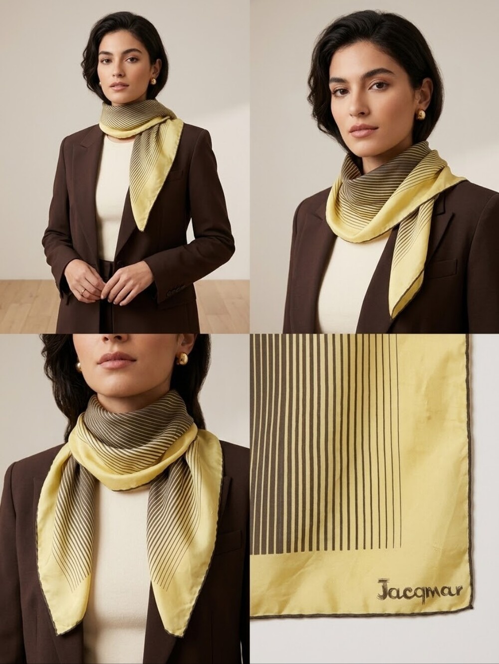 Vintage Jacqmar London Pure Silk Scarf Hand Rolled Pinstripe Yellow Brown 29x28